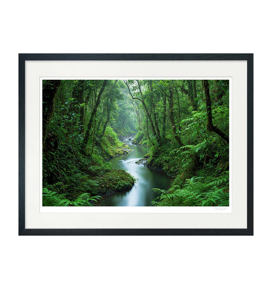 Serene green forest with winding river framed in black wood and white mount – generative nature art print