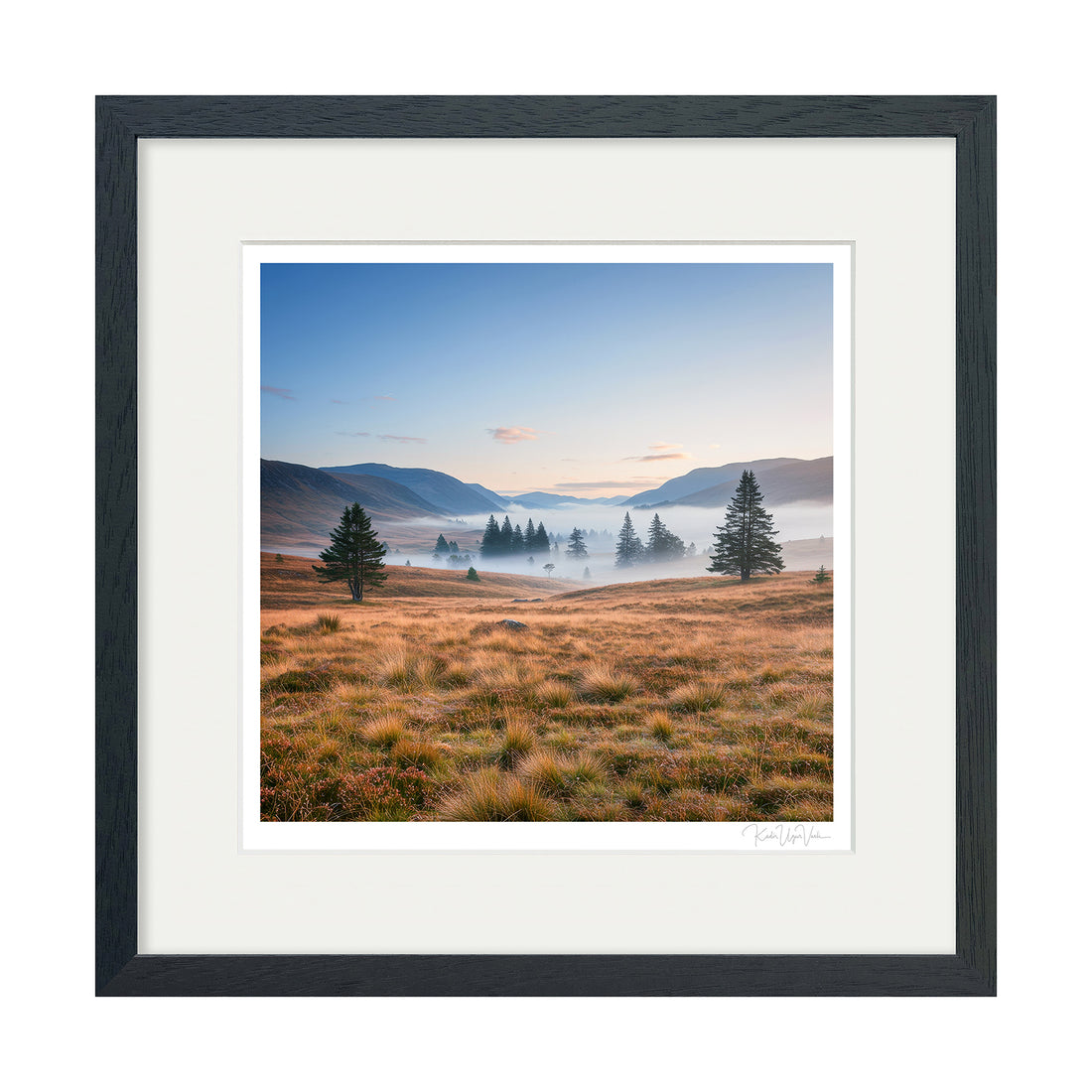 Golden meadow and morning mist mountain landscape – square generative art print in black wood frame with white mount
