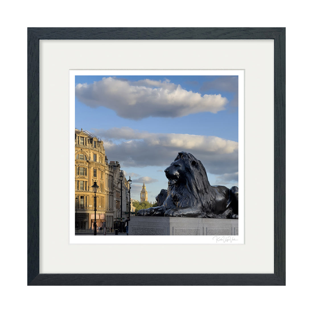 Black wood framed Trafalgar Square Lion and Big Ben square wall art – premium London fine art print