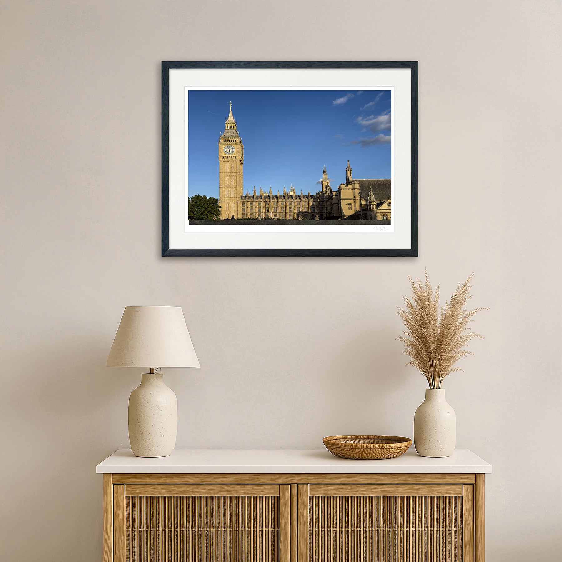 Modern living room with black-framed Big Ben wall art, home decor inspiration scene