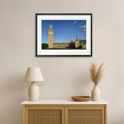 Modern living room with black-framed Big Ben wall art, home decor inspiration scene