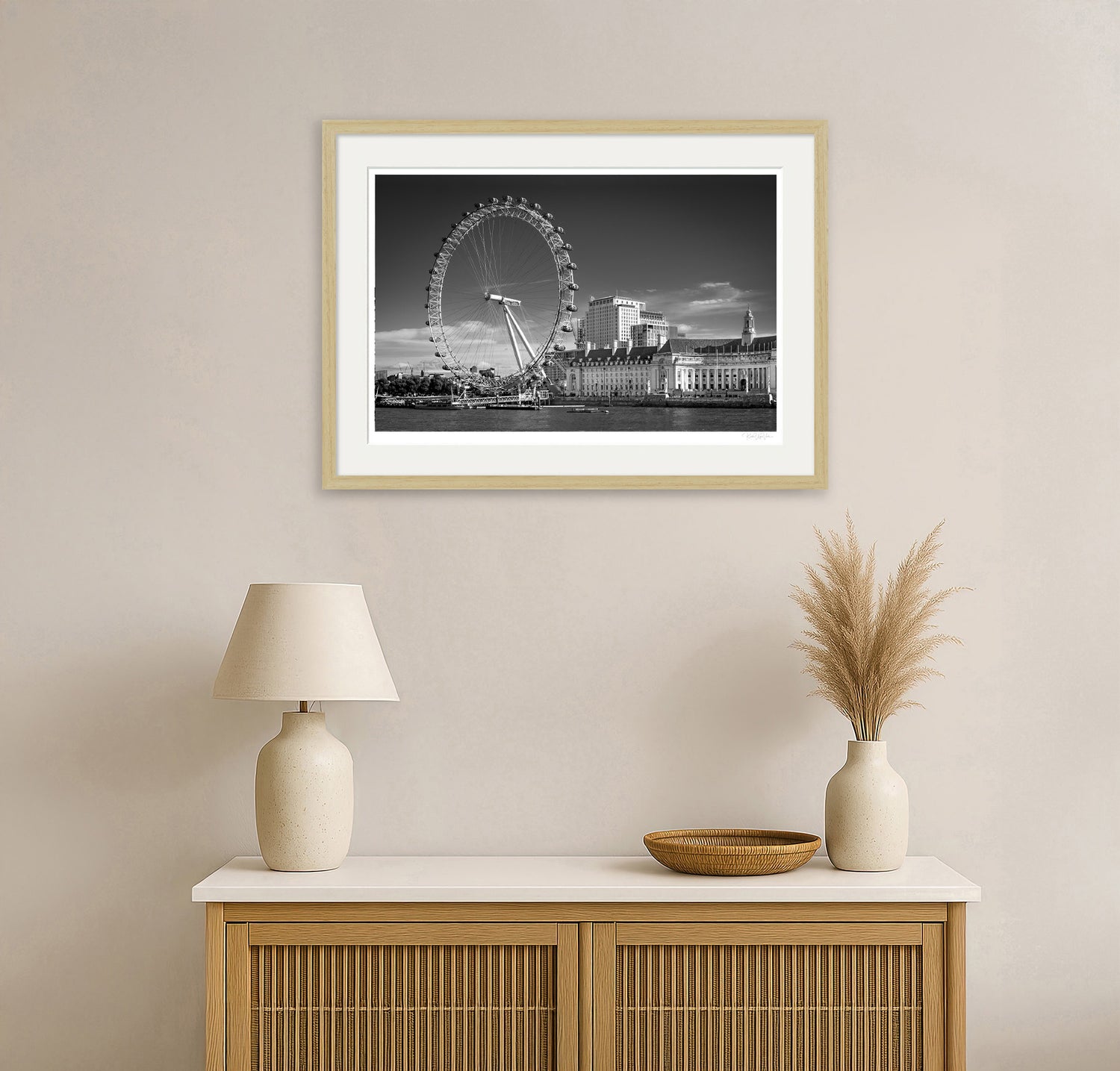 Minimalist interior with framed black and white London Eye photograph – Scandinavian decor inspiration