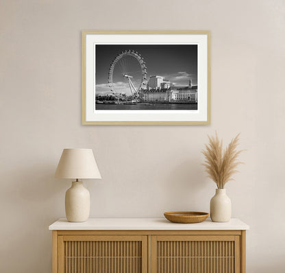 Minimalist interior with framed black and white London Eye photograph – Scandinavian decor inspiration