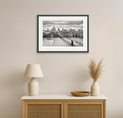 London cityscape black and white framed print displayed above a modern console in neutral-toned living room