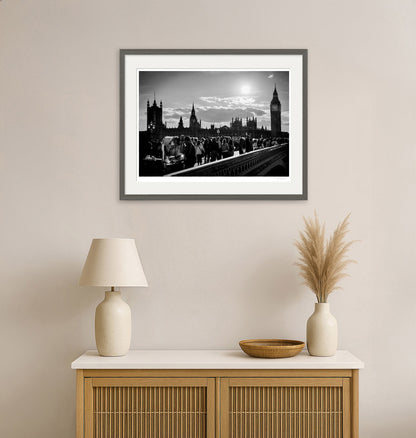 Modern living room with monochrome London wall art framed in grey, featuring Big Ben and Westminster Bridge.
