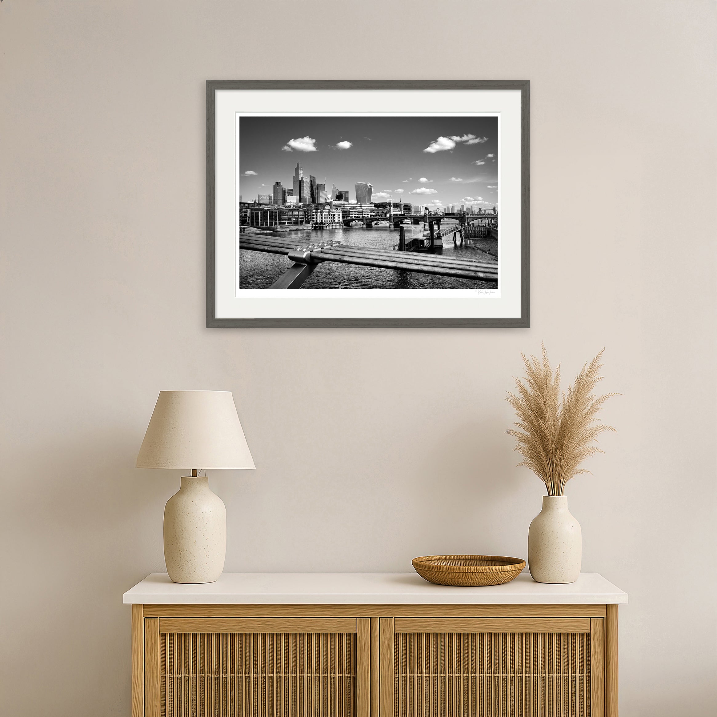Framed London cityscape wall art showing Thames bridges and contemporary architecture in monochrome style