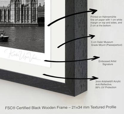Detailed frame illustration showing black wooden frame, white mount, and ArtShield acrylic glazing with UV protection

