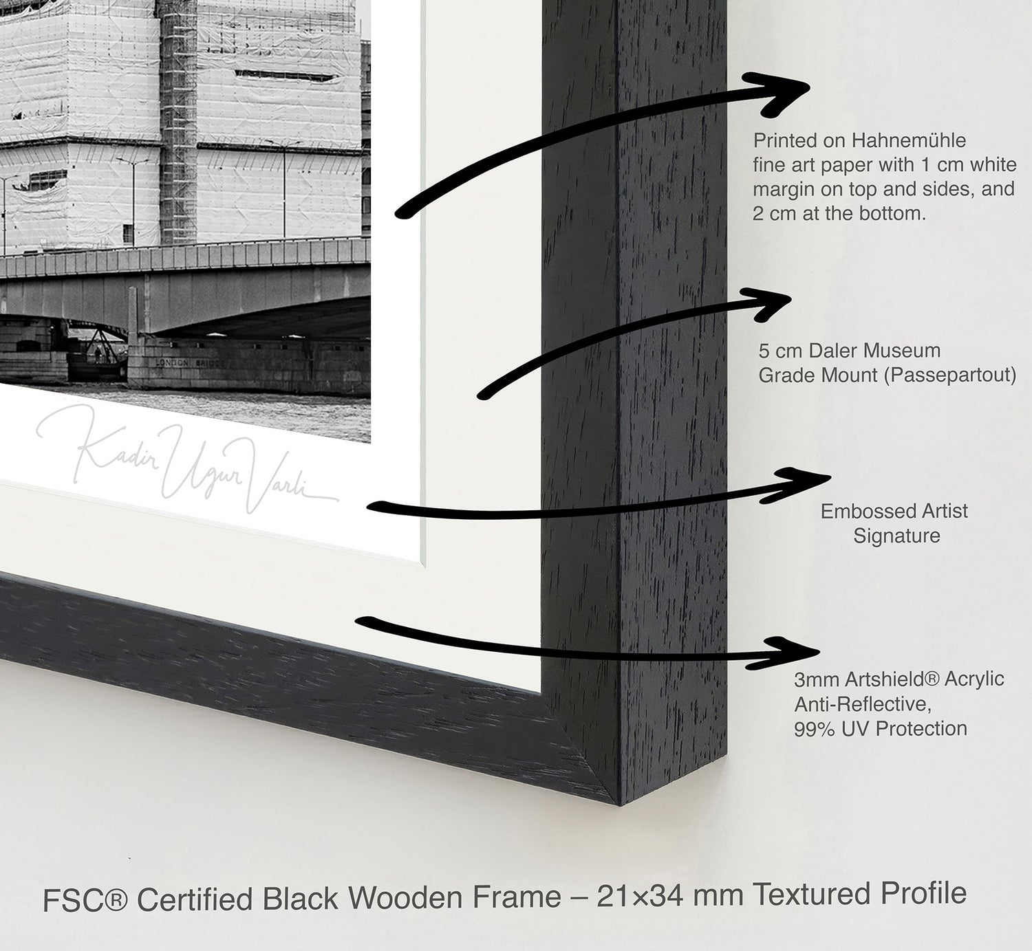 Close-up of FSC-certified black wooden frame with acid-free white mount and fine art paper detail
