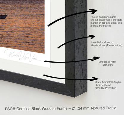 Close-up of black wooden frame with Artshield acrylic, 5 cm mount, and embossed artist signature on Istanbul sunset print

