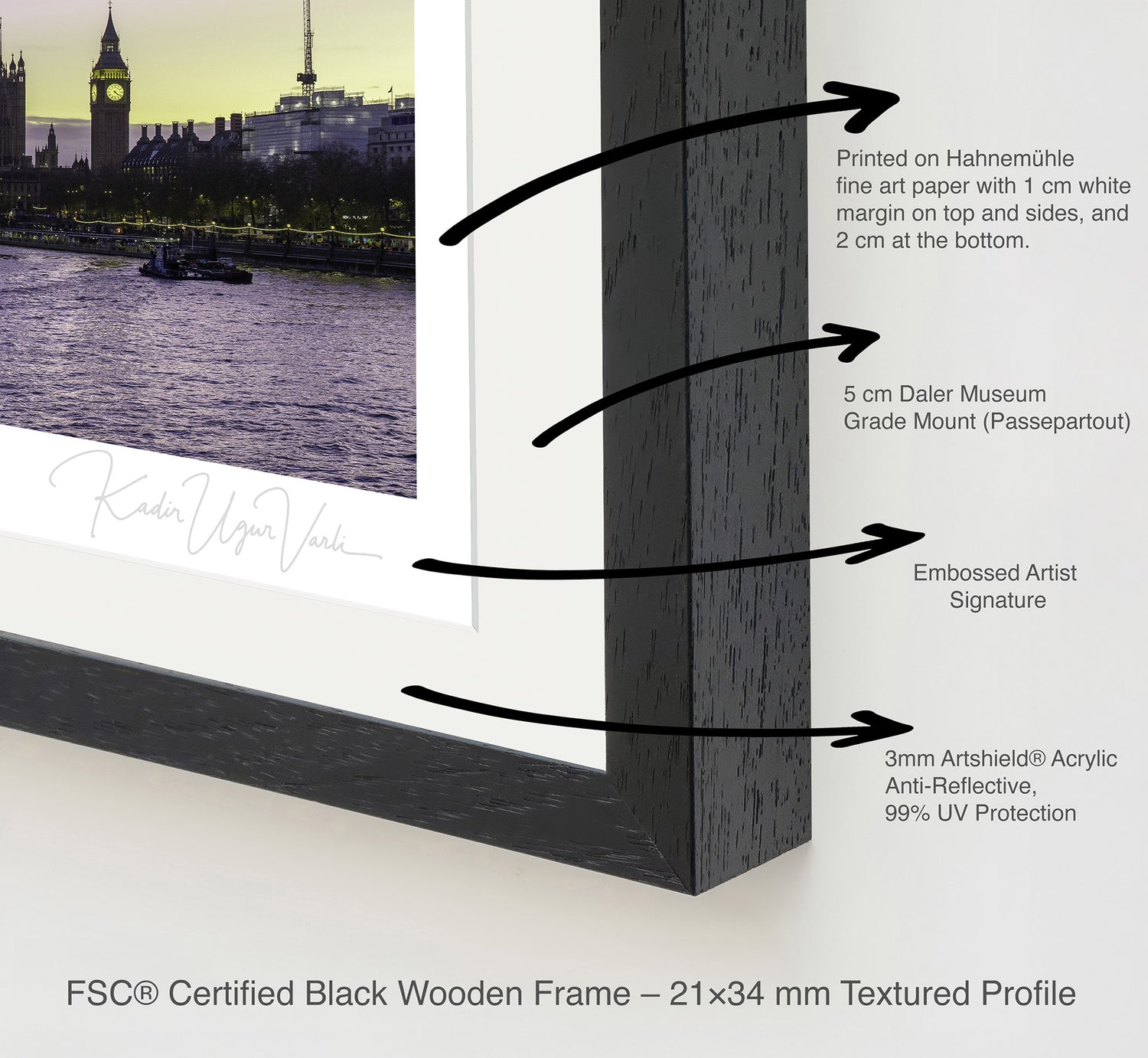 Close-up of FSC-certified black wooden frame with textured profile, anti-reflective acrylic glass, and embossed artist signature on a fine art print.