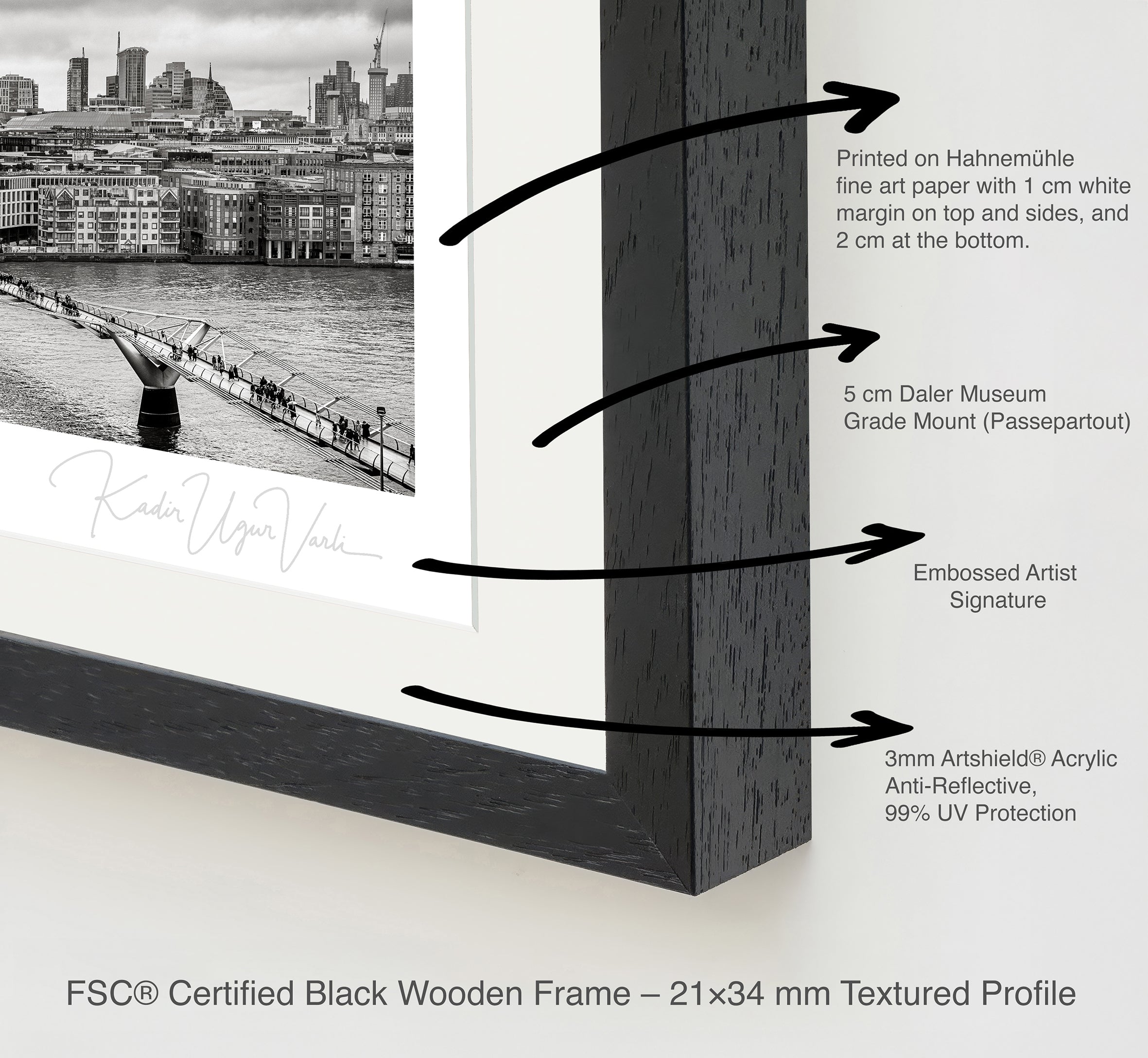 Close-up of FSC-certified black wooden frame with ArtShield acrylic glass and white passepartout on London fine art print