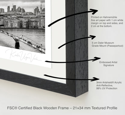 Close-up of FSC-certified black wooden frame with ArtShield acrylic glass and white passepartout on London fine art print