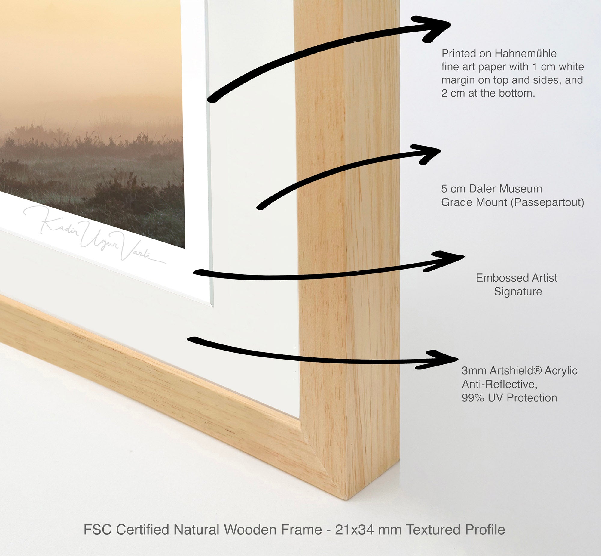 Close-up of 21x34mm FSC-certified natural wood frame with museum-grade acrylic, embossed artist signature and Daler mount.