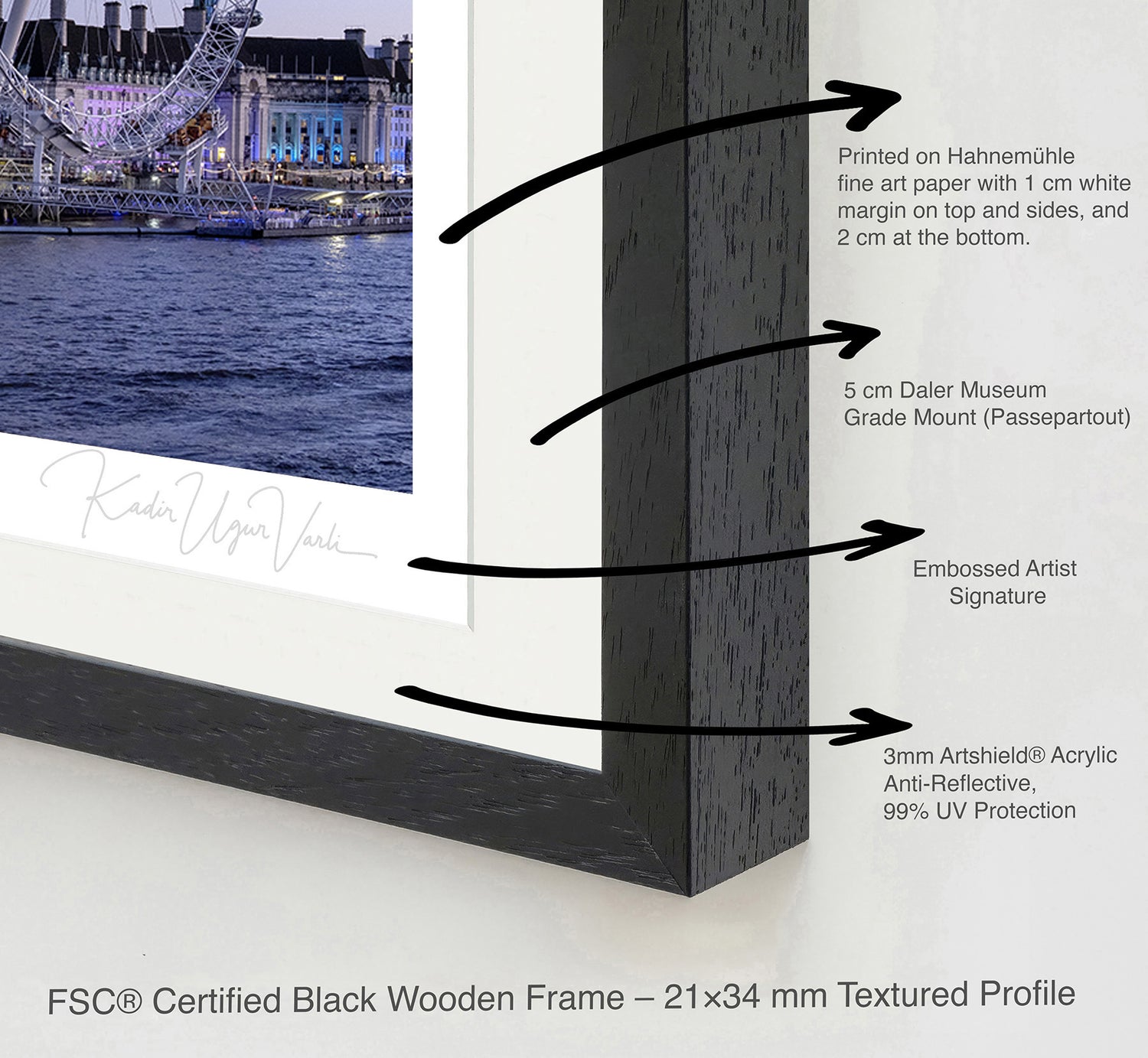 Close-up of black wooden frame with Hahnemühle paper, white passepartout, artist signature, and anti-reflective acrylic glass

