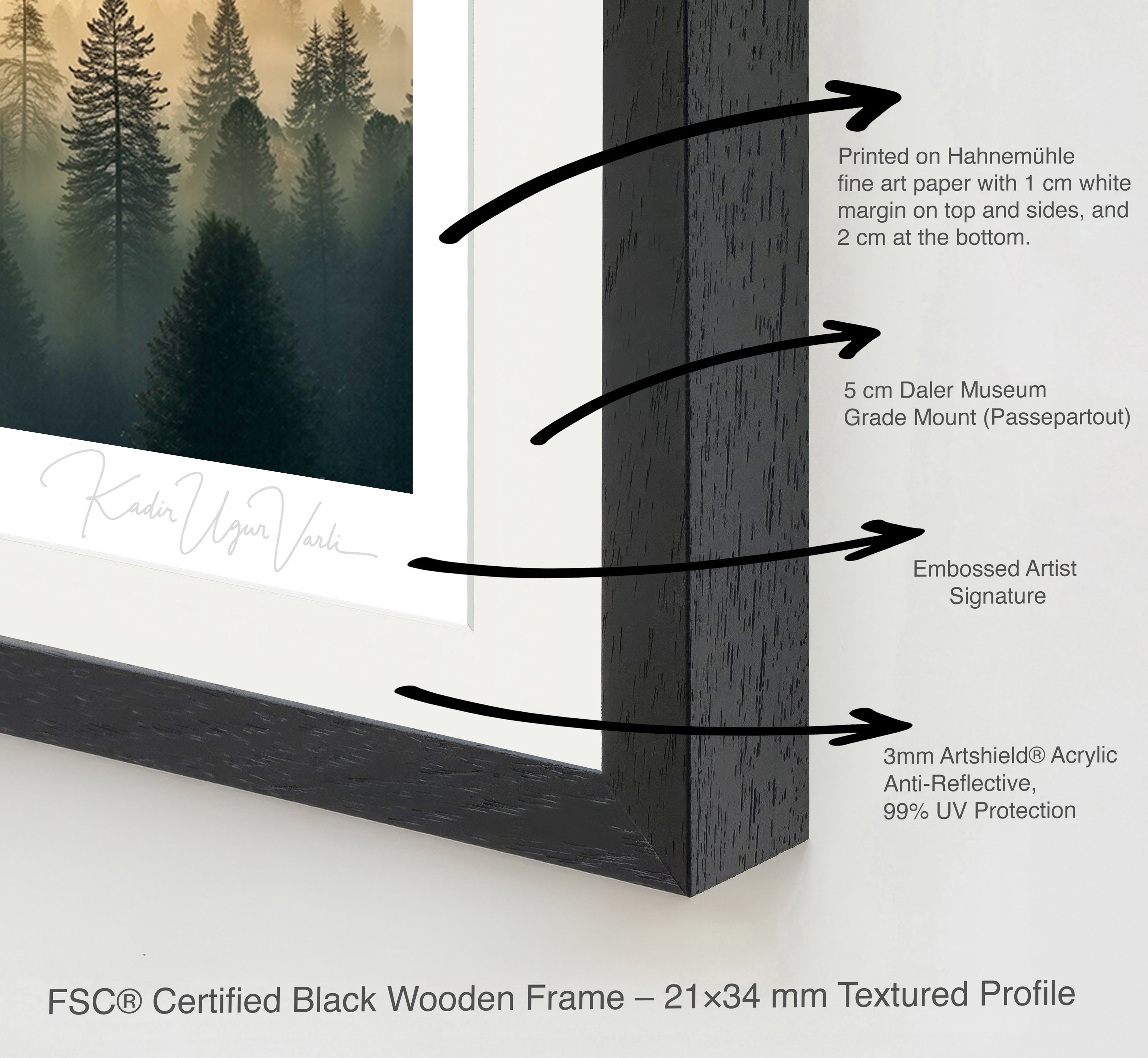 Detail of black wooden frame with ArtShield acrylic glass, Daler mount and embossed signature – fine art print close-up