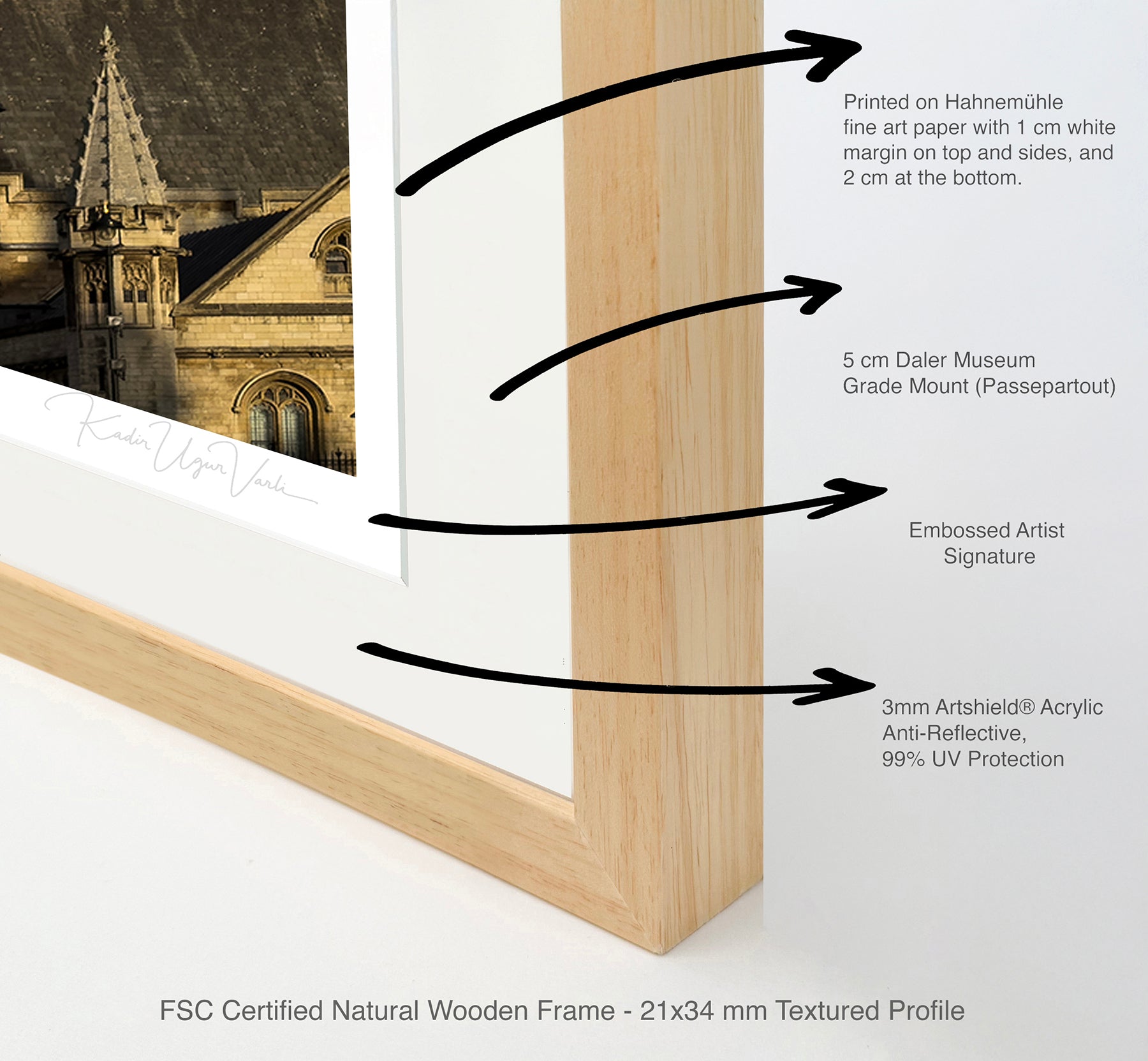 Natural wooden frame detail with anti-reflective acrylic glass and 5cm museum-quality passepartout