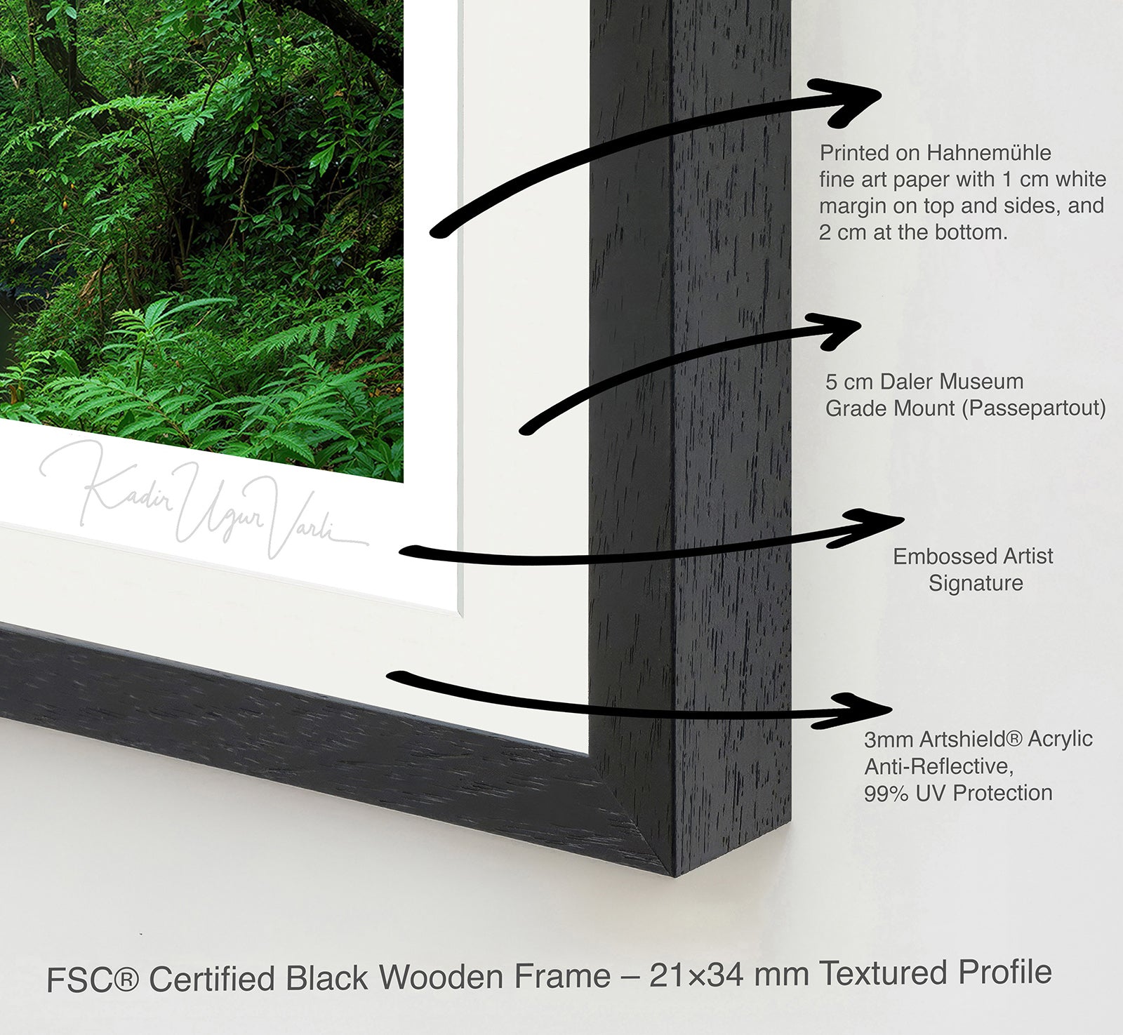 Close-up of black wooden frame with 5 cm white mount and embossed artist signature on Hahnemühle print