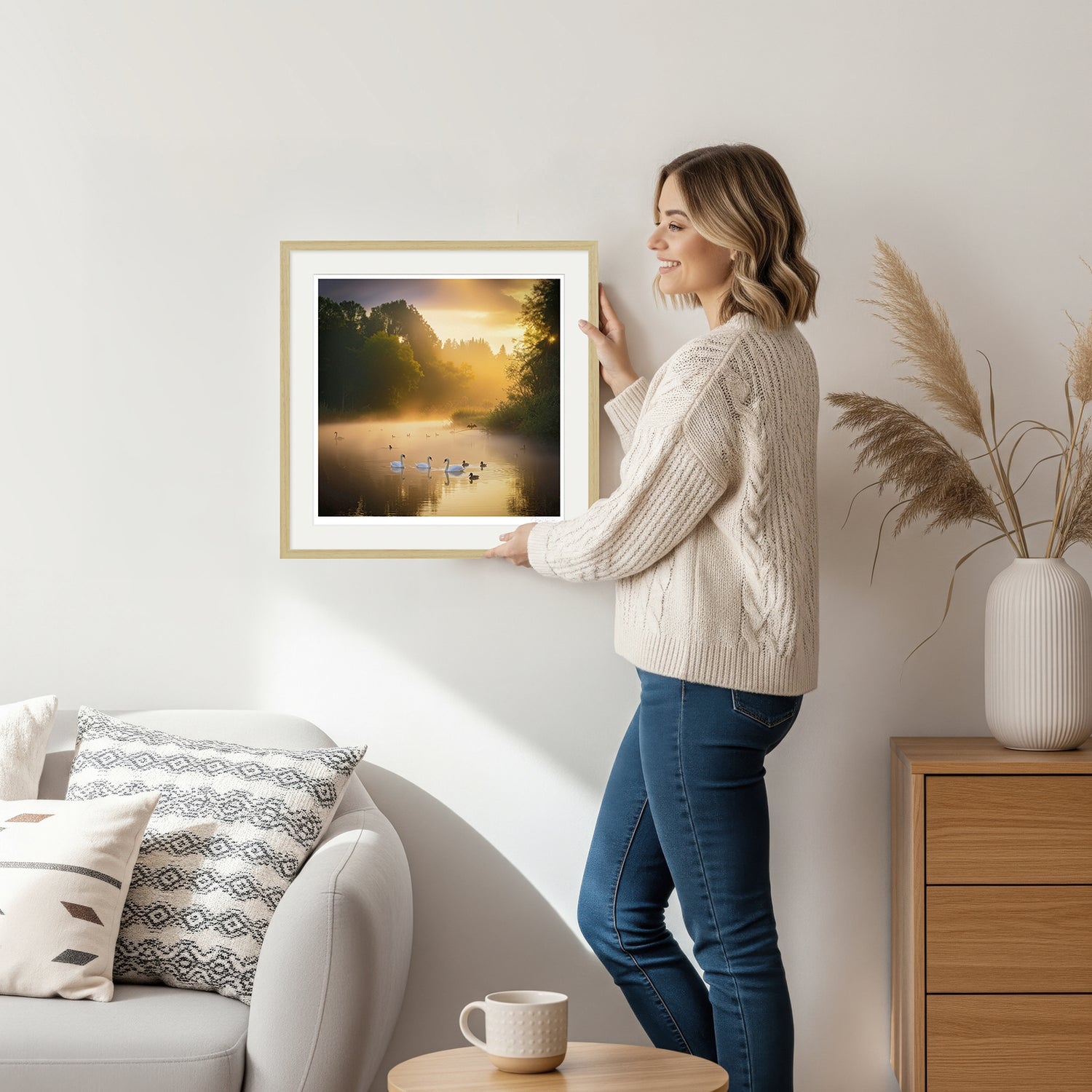 Woman holding misty lake swan art print in natural frame – peaceful square format wall art