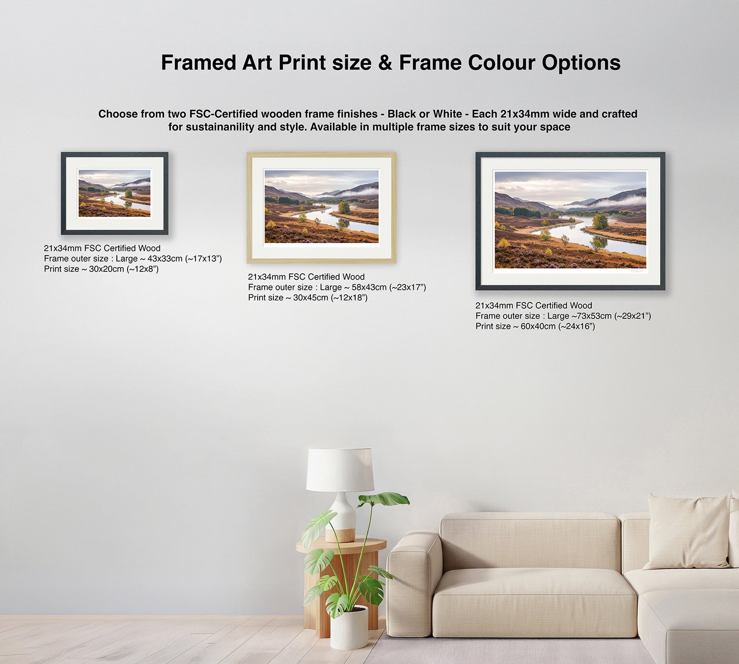 Size and frame options for autumn heather valley generative art – black and natural wooden frames in different sizes
