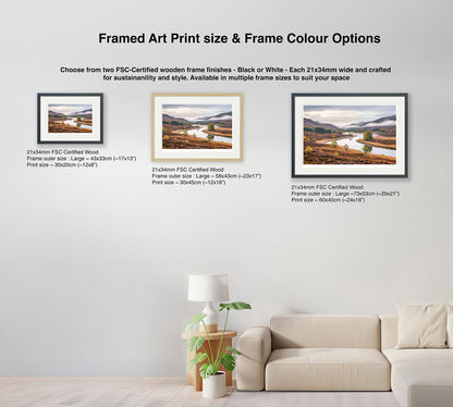 Size and frame options for autumn heather valley generative art – black and natural wooden frames in different sizes