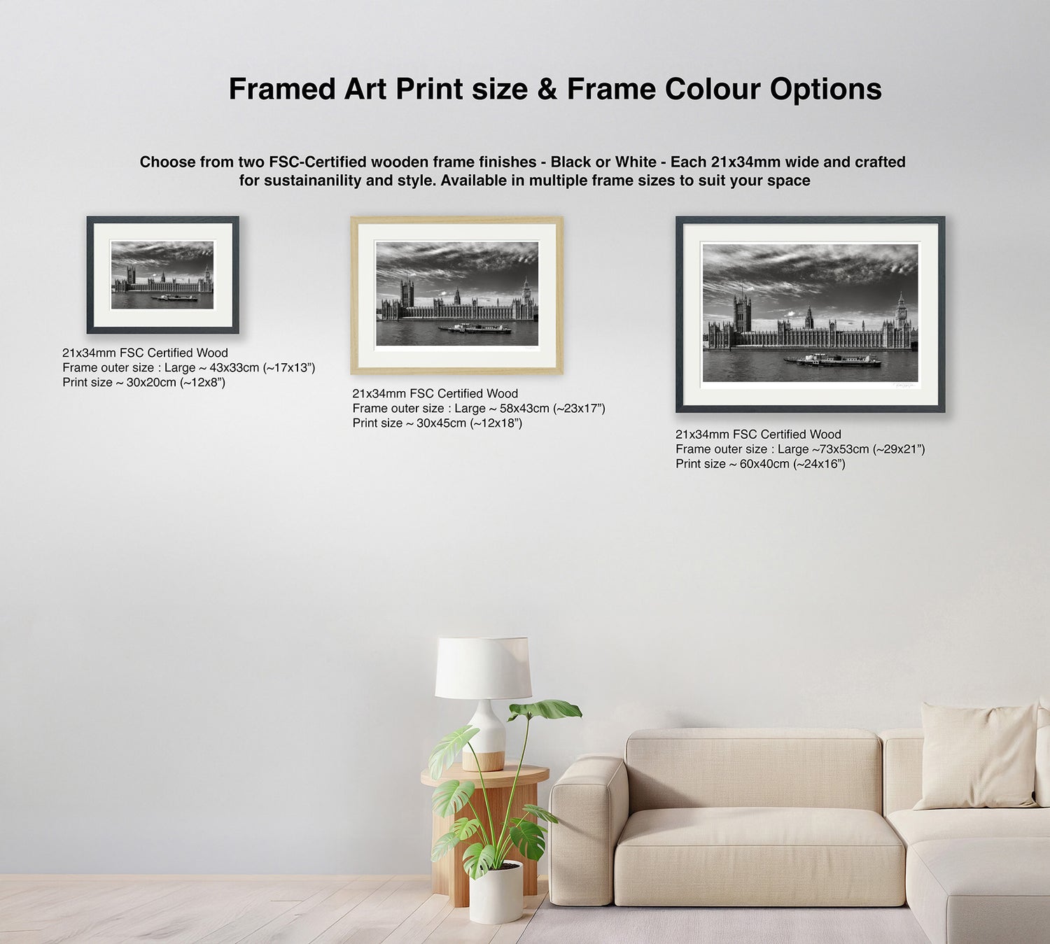 Wall display showing framed art print size and frame colour options above sofa in bright living space