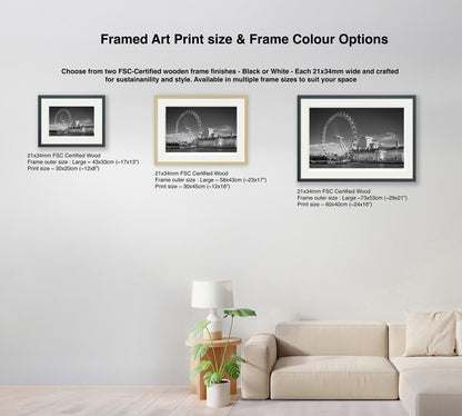 Frame size comparison guide with three colour options for black and white London Eye fine art print