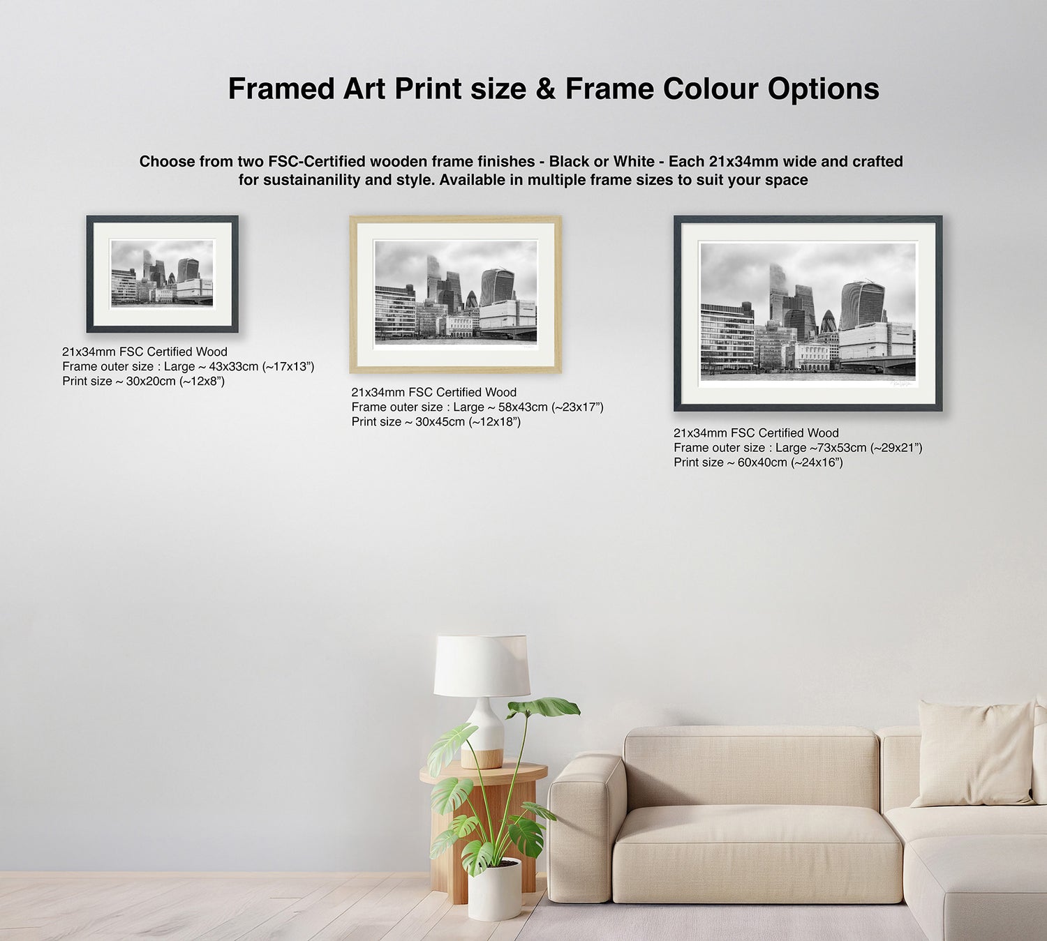Side-by-side comparison of framed London art prints in black and grey wood frame colour options
