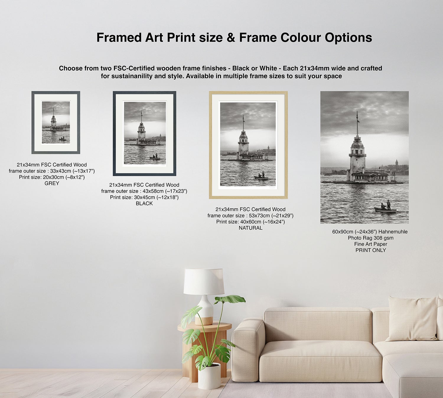 Comparison of framed print sizes and frame colour options with Maiden’s Tower artwork in a living room setup