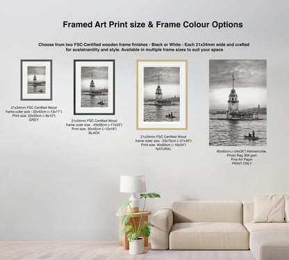 Comparison of framed print sizes and frame colour options with Maiden’s Tower artwork in a living room setup