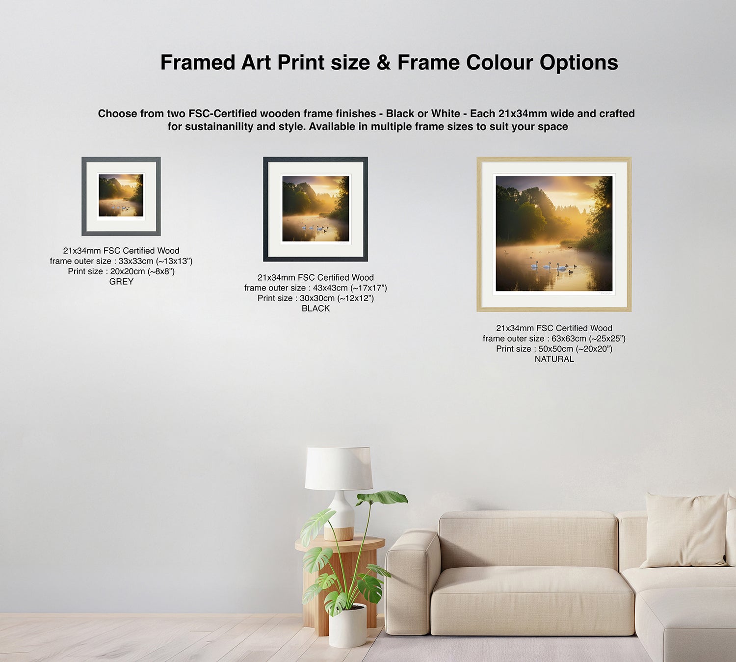 Size and frame colour options guide for square golden hour swan lake art print – black, grey and natural FSC-certified frames
