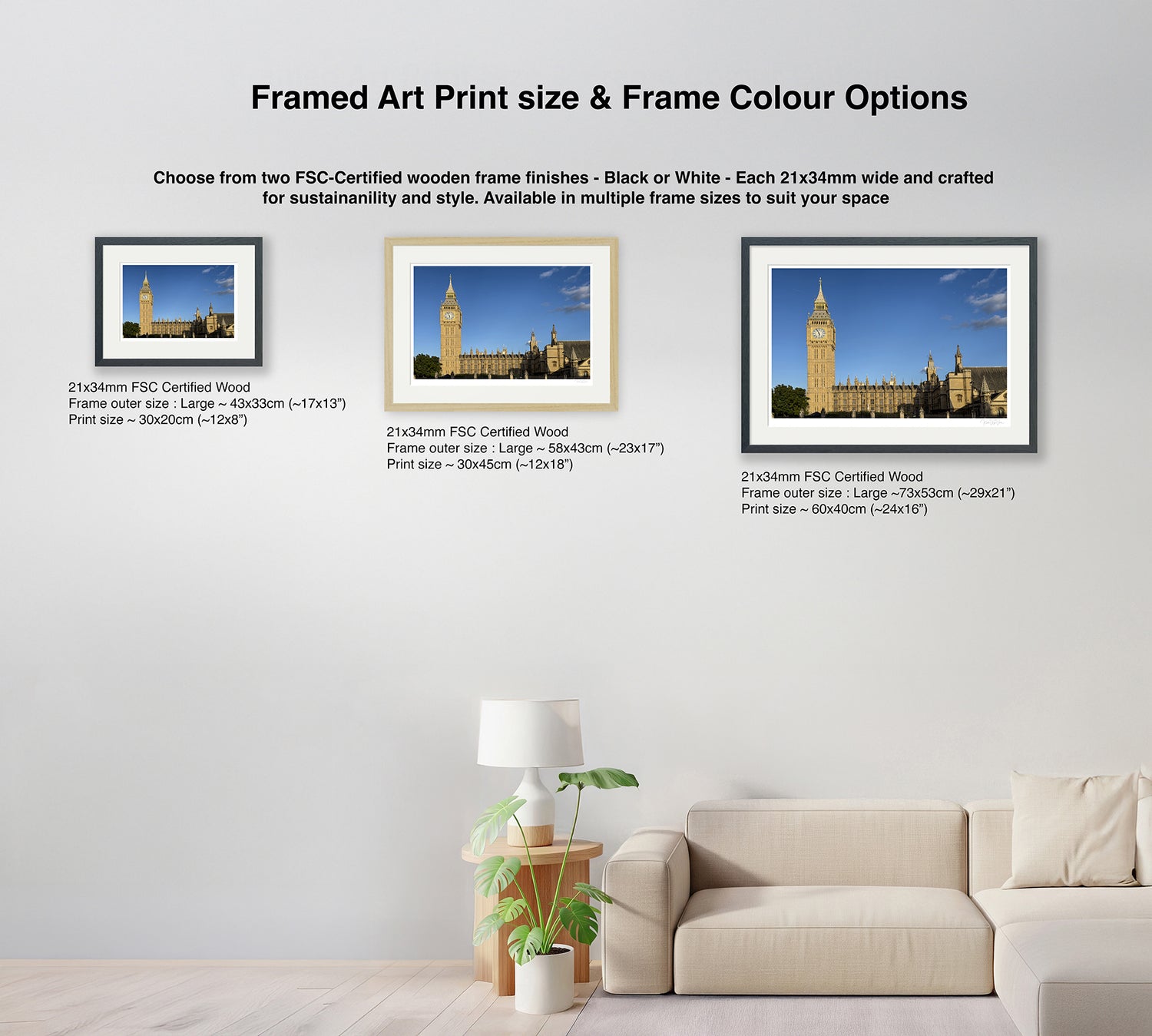 Comparison of framed London wall art sizes and frame color options – black, grey, and natural
