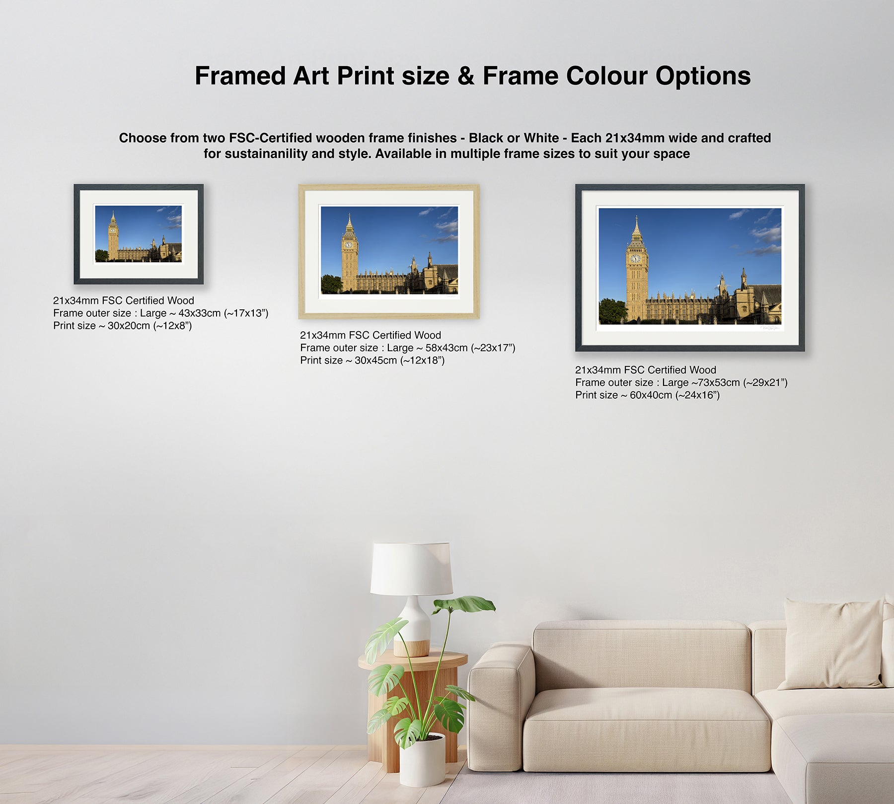 Comparison of framed London wall art sizes and frame color options – black, grey, and natural
