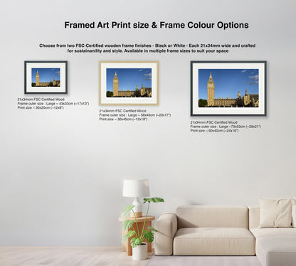 Comparison of framed London wall art sizes and frame color options – black, grey, and natural
