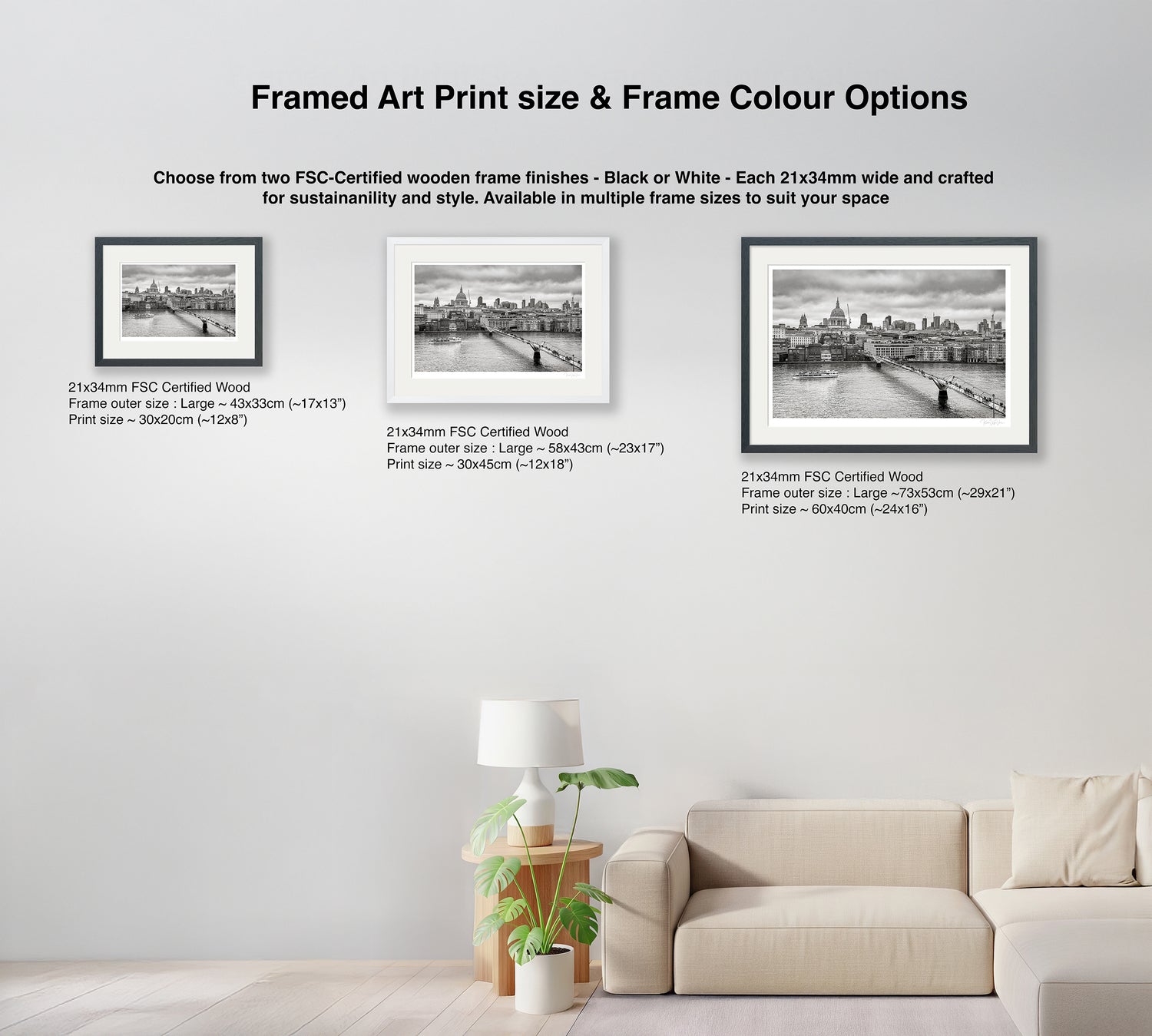 Size comparison of framed London skyline prints in black, white, and natural wood frames on wall
