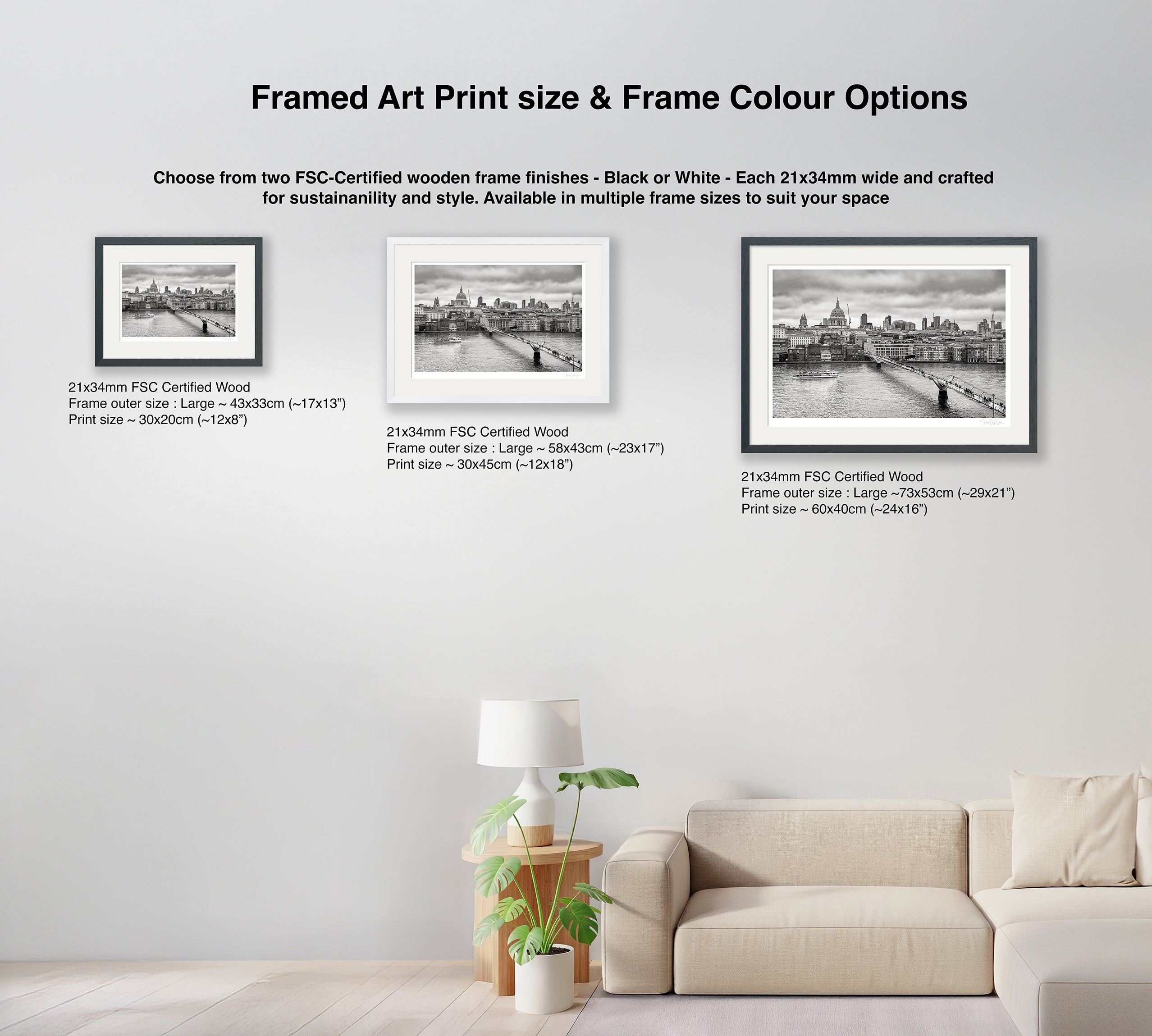 Size comparison of framed London skyline prints in black, white, and natural wood frames on wall