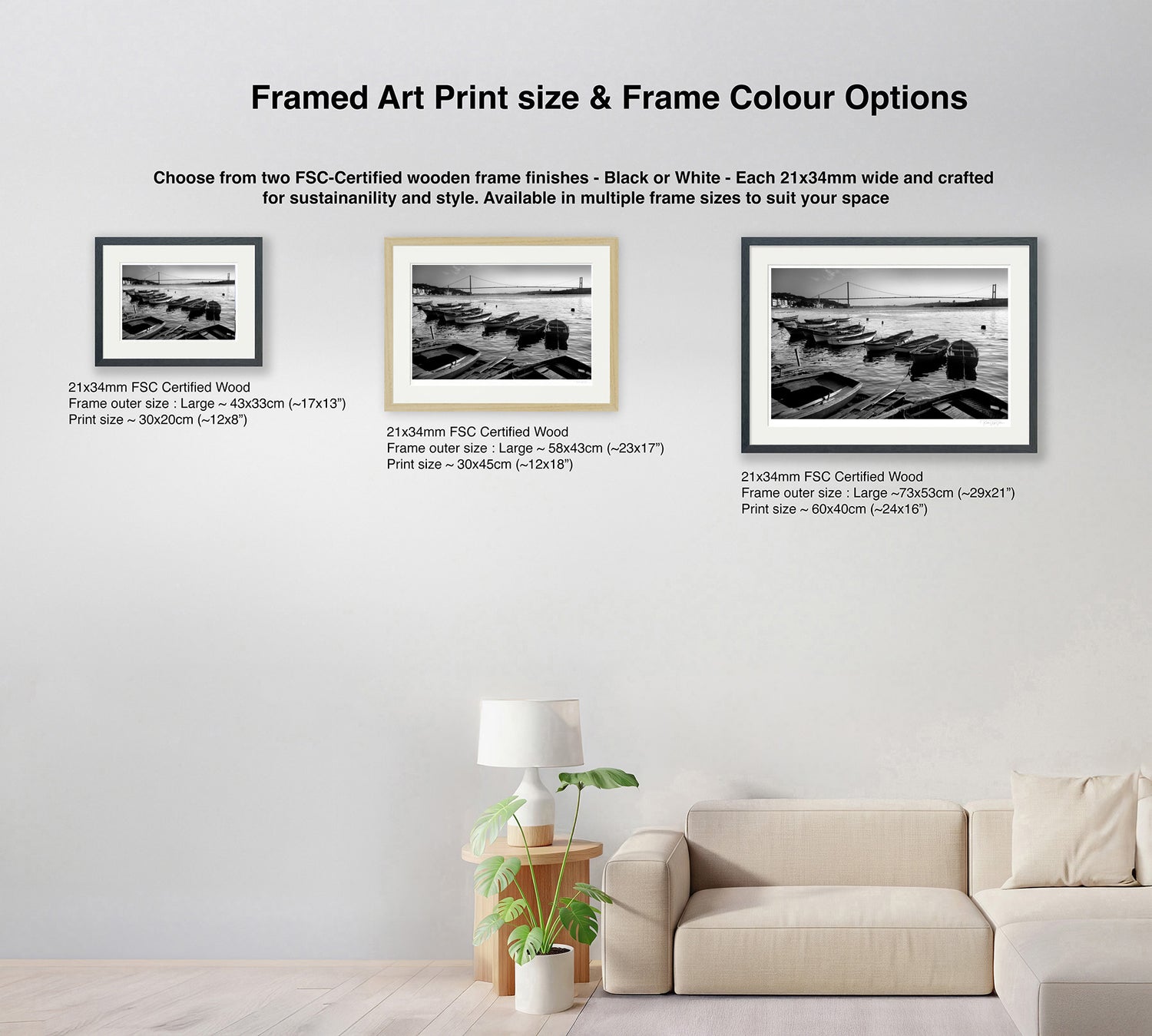 Framed print size and frame colour chart for black and white Bosphorus wall art – visual comparison on wall