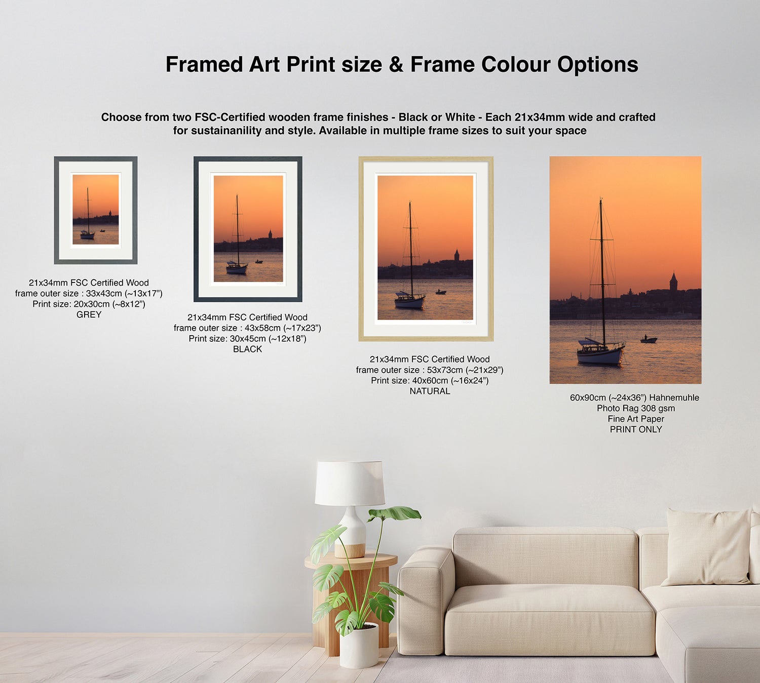 Comparison chart showing size and frame colour options for Istanbul sailboat at sunset wall art – black, grey, natural, and print only


