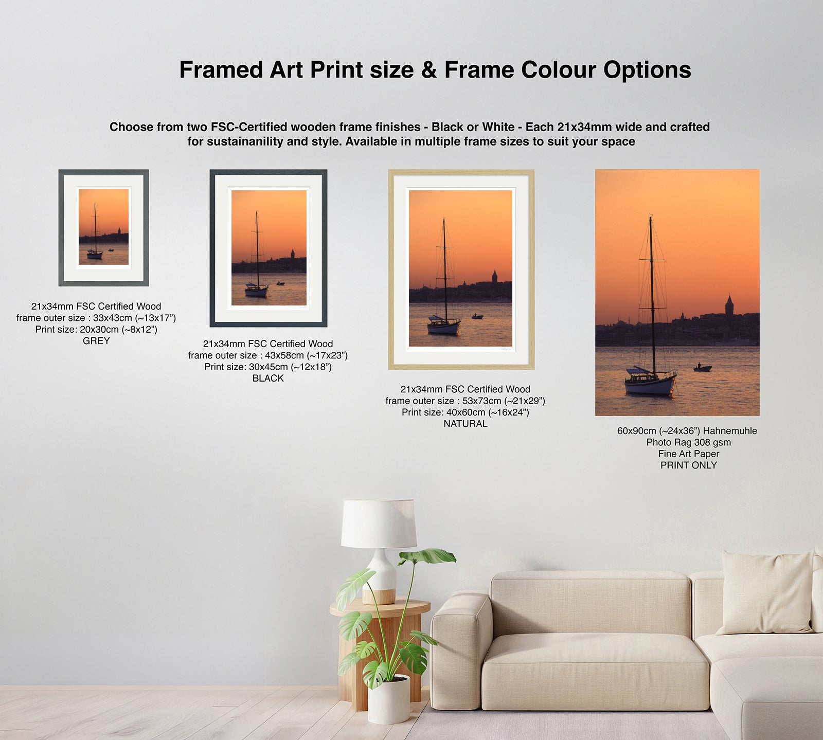 Comparison chart showing size and frame colour options for Istanbul sailboat at sunset wall art – black, grey, natural, and print only

