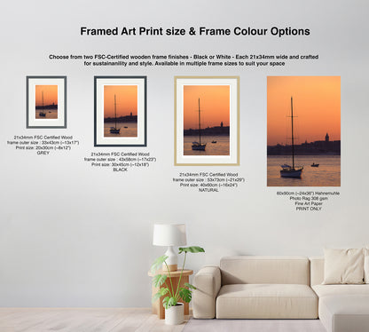 Comparison chart showing size and frame colour options for Istanbul sailboat at sunset wall art – black, grey, natural, and print only

