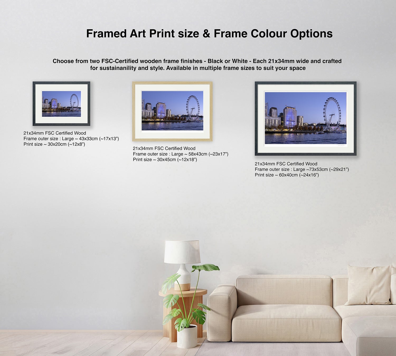 Three framed size options of London Eye sunset wall art in black and natural wood frames shown in living room setting