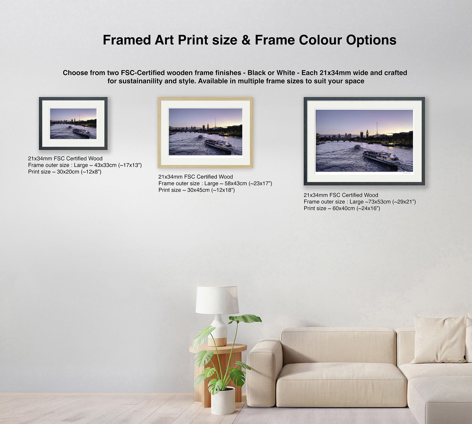 Framed Wall Art Size and Frame Colour Options for London Big Ben Thames Sunset Scene – Product Guide Image