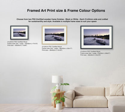 Framed Wall Art Size and Frame Colour Options for London Big Ben Thames Sunset Scene – Product Guide Image