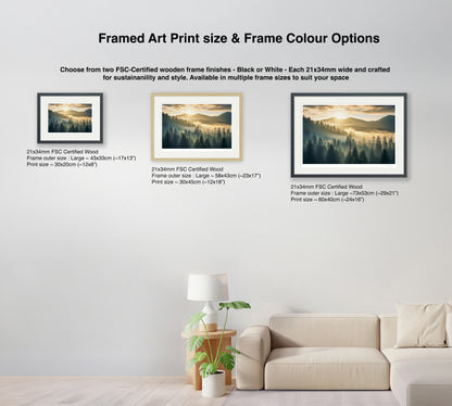Misty forest wall art framed size and frame colour options – black and natural FSC-certified wood frames