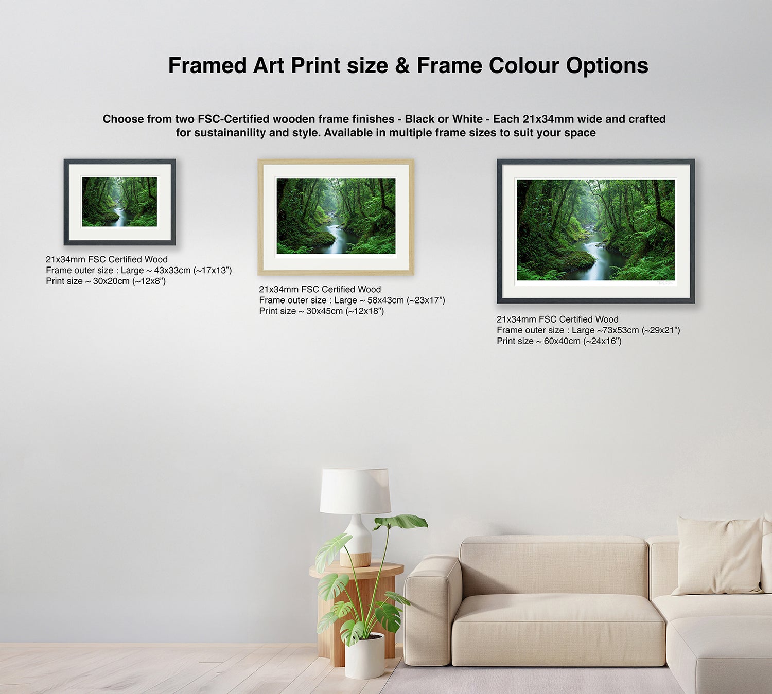 Size and frame colour options for serene green forest and river wall art – available in black and natural wood frames