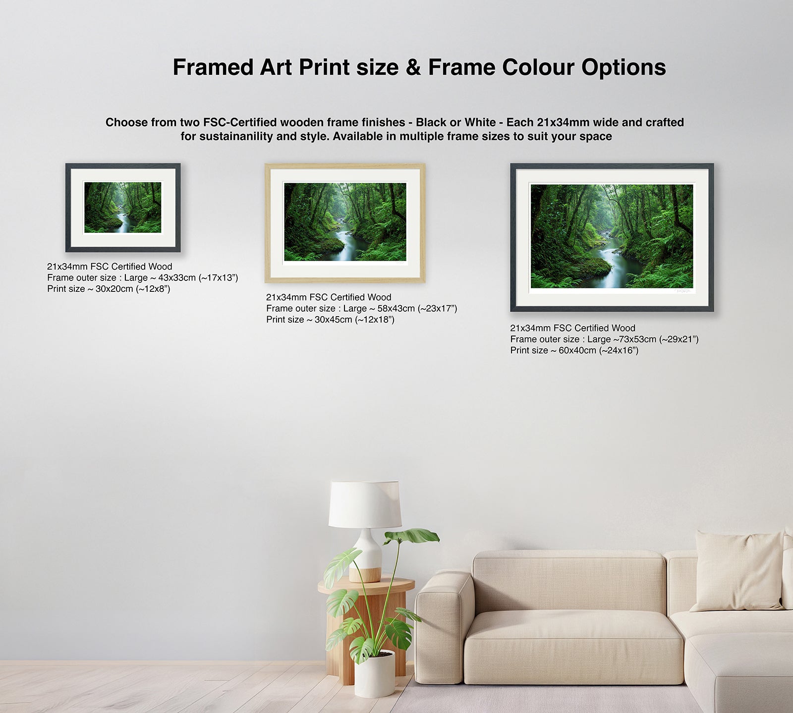 Size and frame colour options for serene green forest and river wall art – available in black and natural wood frames