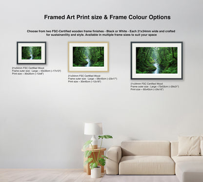 Size and frame colour options for serene green forest and river wall art – available in black and natural wood frames