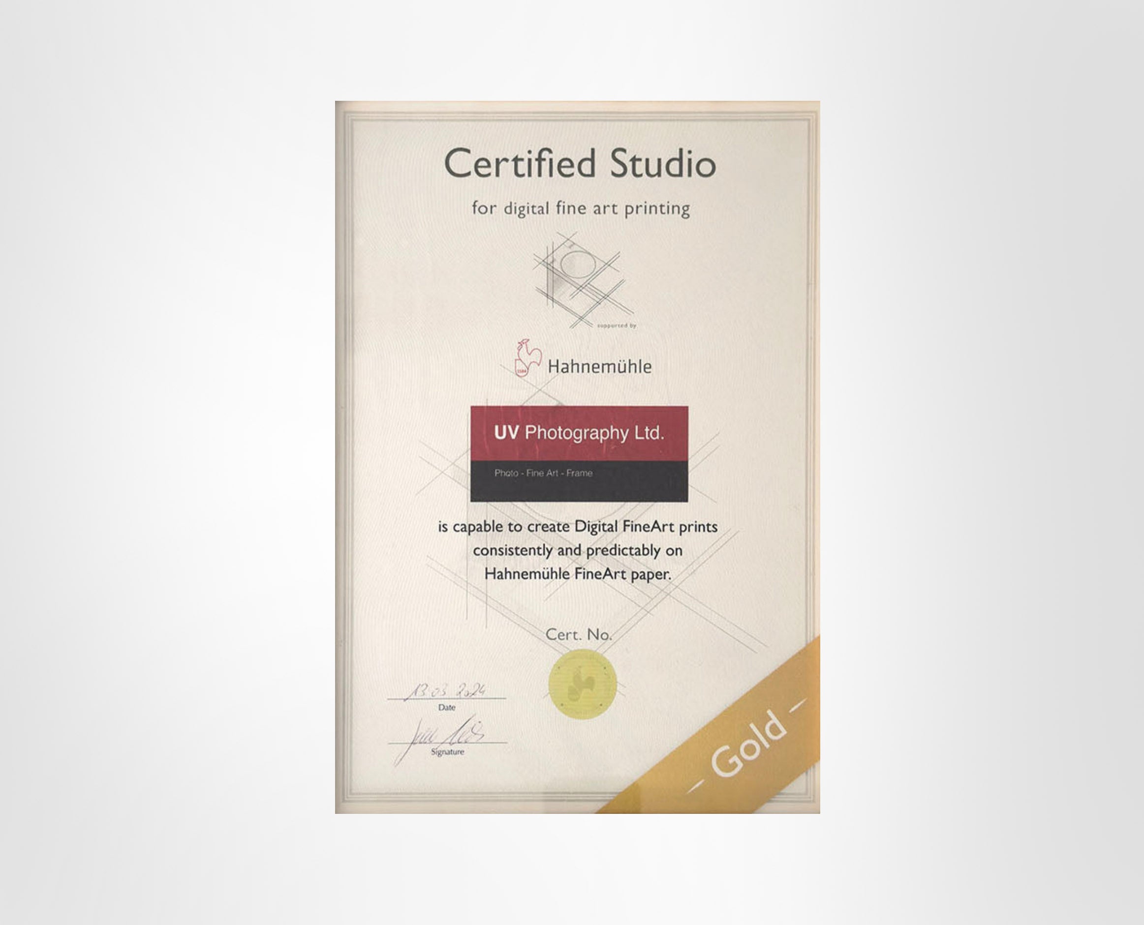 Hahnemühle Gold Certified Studio certificate and authenticity documents used in fine art printing by Giftly Art Print UK

