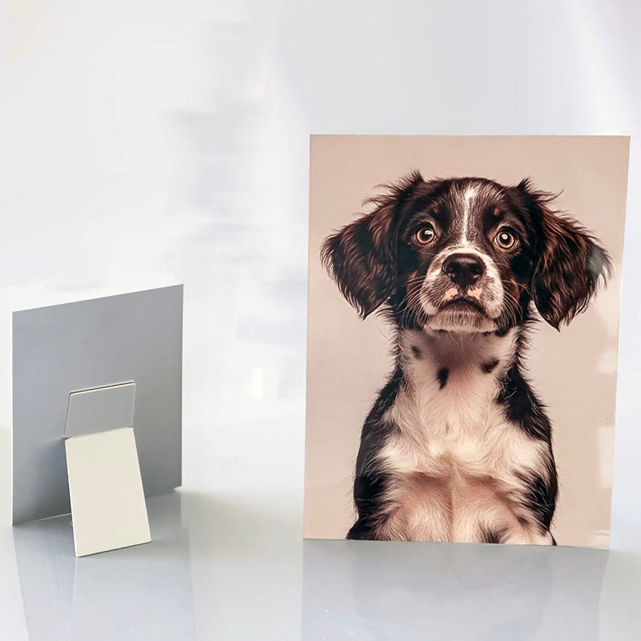 Aluminium desk panel displaying a photo of a dog, showcasing a minimalist design and a sleek metallic finish.