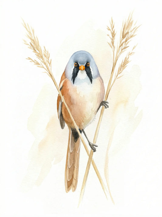 
Bearded reedling bird perched on golden reed stems, blue head, black moustache, British wetland wildlife watercolour print UK
