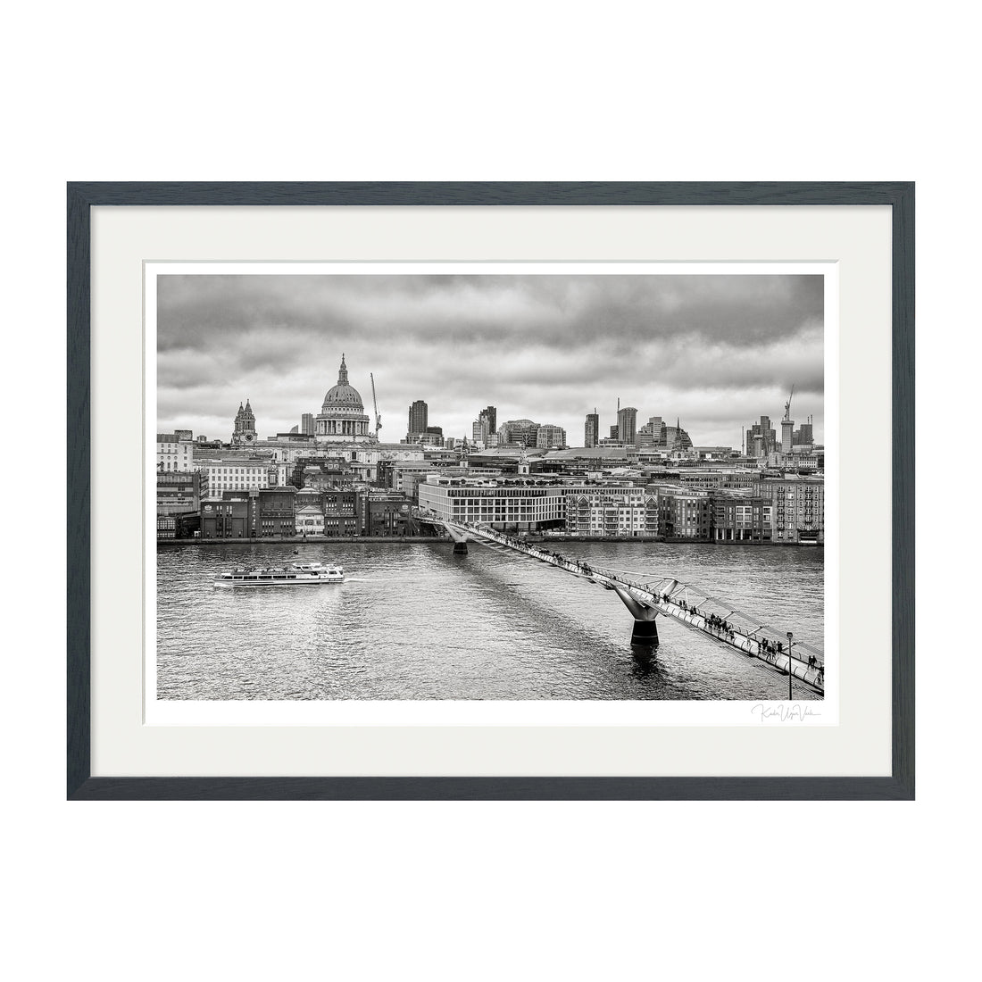 Black and white framed fine art print of London skyline featuring St. Paul’s Cathedral and Millennium Bridge